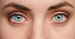 Eyes of woman, facial recognition and biometric vision eyesight portrait. Zoom on natural eyelash makeup, see visual anatomy of young person cornea. Human girl open retina and blue iris closeup