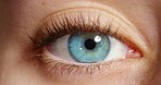 Blue eye biometric, cybersecurity surveillance vision and closeup of woman eyes zoom cornea. Natural human retina anatomy open, facial recognition eyeball focus and lens view ai technology innovation