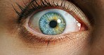 Vision, awareness and blue eye woman for healthcare, optometry or eyesight wellness. Contact lens, macro medical exam or texture closeup for natural beauty and human anatomy, humanity or innovation