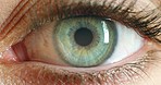 Zoom closeup of eye, biometric innovation for digital security or protection of building with iris scan technology. Macro of eyeball for optometrist test of wellness of vision and muscle health
