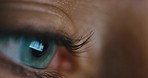 Eye reflection of woman doing web, internet or social media search on online network site, webpage or website closeup. Seo worker or employee working on digital design layout for global media company