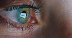 Eye, vision and reading journalist woman with screen reflection for research, mission or goal. Focus of analyst person with eyeball movement for awareness, analysis or online analytics closeup macro