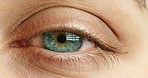 Eye vision, wake up tired from sleep and morning natural open young human eyes optical health. View eyelash blink iris, see cornea anatomy of person and dream rest body fatigue macro closeup