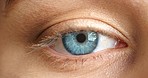 Eye, vision and woman macro portrait in optometrist exam for eyesight medical healthcare. Close up of a person opening eyeball with natural human color, zoom iris anatomy or aesthetic contact lens