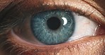 Blue eye zoom, vision or thinking model looking sad, stress or with anxiety over past memory. Portrait, face skin texture and person with mental health, burnout or tired and eyelashes in blink motion