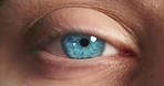 Blue eyes, contact lens and woman for vision, optometry and human anatomy closeup, zoom or macro detail. Awareness, eyesight and natural color iris of a person for medical, healthcare and aesthetic