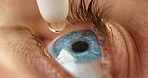 Eye drops, medicine and health of eyes for vision support, eye strain safety and allergies. Open blue iris zoom of a person relax and calm using healthy liquid medication to prevent allergy pain