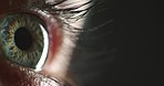 Human, eye zoom and woman vision on dark background and mockup for optometry exam, insurance or natural anatomy research. Awareness or focus of a person with green color iris with black space