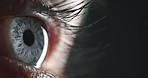 Eye of woman, surveillance vision human and biometric zoom on optical blue eyeball cornea. Macro close up of open iris blink motion, see young person eyelash hair and view cosmetic mascara makeup