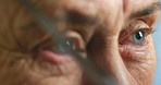 Glasses, vision and blue eye of senior woman for sight, health or optometry in zoom or macro. Iris, retina and focus with eyeball of female for genes, health and light color awareness or perception