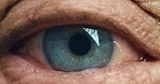 Macro image of green, blue eye color and detail display of natural human anatomy of adult caucasian iris. Professional, high quality close up photo of healthy elderly eyeball showing clear vision