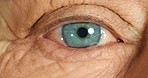 Eye vision, senior and eyes of a elderly patient test for glaucoma, blind spot and health. Blue eyeball zoom of a person at a doctor or optometrist to check retina and iris for glasses