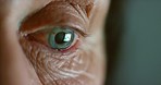 Senior woman, blue eye and reflection from reading technology news, internet search and social media web. Vision zoom, face skin or retirement elderly in nursing home or house interior on tech screen