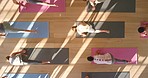 Fitness, exercise and zen yoga women meditation in a workout pilates class at a wellness studio. Above training a group of calm, relax and healthy. Practice cardio for a peace and healthy lifestyle