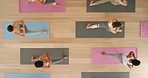 Yoga class, women exercise and pilates training group as balance, workout and stretching in fitness studio. Above, wellness balance and healthy lifestyle body, motivation and gym club performance