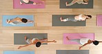 Class of women doing yoga or pilates exercise, stretching or workout for health, positive mindset and wellness above view. Relax group of people or fitness community training for body or inner peace