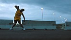 City man and hip hop dance in urban road for energetic outdoor fitness cardio practice flex. Cool, funky and young  entertainment performance dancer person training alone on quiet town street.