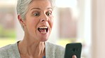 Wow, surprise and woman on a phone video call at home on a social network app on the internet to gossip on good news. Communication, omg and senior person shocked at talking to an old retired friend