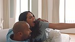 Couple in living room with video selfie for happiness, love and sharing life together. Happy influencer girl in fun photography with camera and boyfriend on sofa or couch in their new apartment home