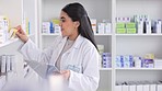 Woman pharmacist, prescription medicine and clipboard checklist for medical healthcare report at pharmacy clinic. Girl doctor help with pharmaceutical pills inventory audit work at hospital drugstore