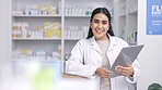 Pharmacy woman and medicine inventory portrait with drugstore pills record and a smile. Pharmaceutical professional at dispensary counter busy checking medical product data on clipboard.