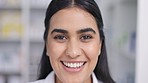 Girl working in pharmacy smile, with happy face in closeup portrait at with medicine on shelves or background. Latino woman, work as pharmacist or chemist show expression of happiness in workplace 
