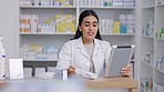 Pharmacy, communication and consulting pharmacist with tablet for telehealth consultation about pills or medical health. Discussion, conversation and medicine woman talk on online healthcare support
