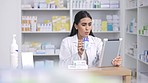 Pharmacist, virtual consultation and digital tablet for zoom video call with a patient while showing prescription medicine for flu symptoms. Pharmacy, healthcare and explaining telemedicine treatment