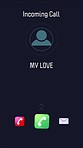Incoming call, phone call con for mobile app with black background mock up for advertising or marketing. Animation illustration of cellphone interface screen with love partner user ID on dark mockup 