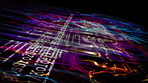 Cyber neon microchip hardware circuit board with a futuristic abstract security computer system. Animation, technology innovation and digital fintech programming with a virtual 3d illustration. 