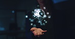 Global hologram in IT business woman hand with scifi, cyberpunk or information technology in dark background. Futuristic, 3D holographic design in person palm for future ai globe networking software