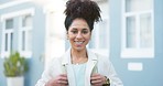 Portrait, face and business woman with a backpack standing in front of house or home mockup. Smile, corporate employee or happy girl standing by blurred building background after work copy space.

