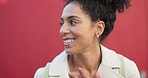 Smile, face and happy afro woman in studio against a red background with mockup. Closeup head portrait of a confident young female model in the trendy fashion, clothes or style and feeling happiness