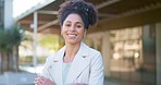 Black woman, smile portrait and city building sightseeing or work commute in urban town sidewalk. Happy and young African American girl enjoying outdoor leisure break in cityscape street.