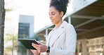 Woman, digital tablet and city travel on busy street with 5g technology for social media, internet search web iot. Smile, happy and creative entrepreneur on morning commute with startup goal schedule