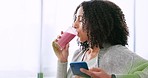 Health smoothie, drink and woman on smartphone break with fresh detox fruit juice blend. Girl with organic shake beverage with energy, protein and nutrition for wellness lifestyle diet.