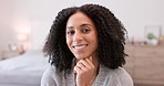 Black woman, smile and bedroom portrait with happy energy and comfortable hand chin pose. Proud and confident African American girl with healthy, attractive and bright teeth expression.
