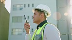 Planning, building and construction worker talking on a radio walkie talkie, industrial and development management. Architect sharing vision for design and structure goals while explain a project