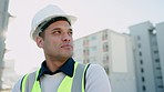 Contractor man, building and construction worker thinking, planning and dream architecture ideas, property vision and industrial goal urban city. Engineering industry, manager and inspection designer