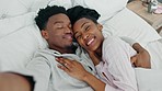 Selfie influencer couple in bed and portrait smile for fun indoor weekend or waking up together in the morning. Fun, happy black people in bedroom and a POV portrait photo for social media content