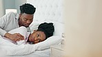 Couple in bedroom after fight, frustrated black woman and man comfort young angry girl. Home together, sad argument and ignore relationship problem. Stress from mistake, risk divorce or breakup