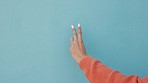 Hand of woman, countdown with math finger and blue mockup copy space background. Hands of female, playing with fingers or time count, timer or add, calculate or tally, sign or communication gesture.