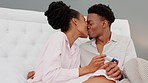 Happy, wow and couple with pregnant woman, pregnancy test and smile in bedroom at home. Black woman and man hold positive baby results, love and happiness to start family together in house 