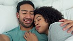 Couple selfie, laughing and happy man waking up a sleeping woman as a comic prank. Funny male from Israel taking a picture together while a female sleep and wake up to see the camera in bedroom bed