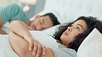 Sad woman frustrated, man sleeping and couple in bedroom after argument. Girl thinking of breakup, boyfriend cheating and sex issues. Dating problems, morning together and young girlfriend angry
