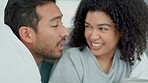 Interracial couple, coffee and love bond in house bedroom or home interior with morning tea. Smile, happy and laughing asian man with comic woman in safety, trust and communication talk or funny joke