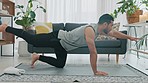 Asian man, yoga and pilates workout in living room, home interior and house exercise, training or wellness fitness in lockdown. Healthy zen sports, holistic energy or relax movement for mental health