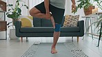 Yoga, meditation or zen man in house living room or home lounge for relax wellness, peace or mental health training. Spiritual energy exercise in holistic wellness breathing with vrksasana pose 