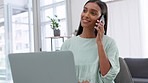 Remote networking, working freelance woman with phone call for online communication or conversation. Happy  business woman entrepreneur WFH with laptop, smartphone  project management and contact us