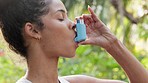 Exercise, fitness and woman using asthma pump in workout, training and wellness while running in nature or park. Asma attack, inhaler and medical product for anxiety, stress and breathe health.